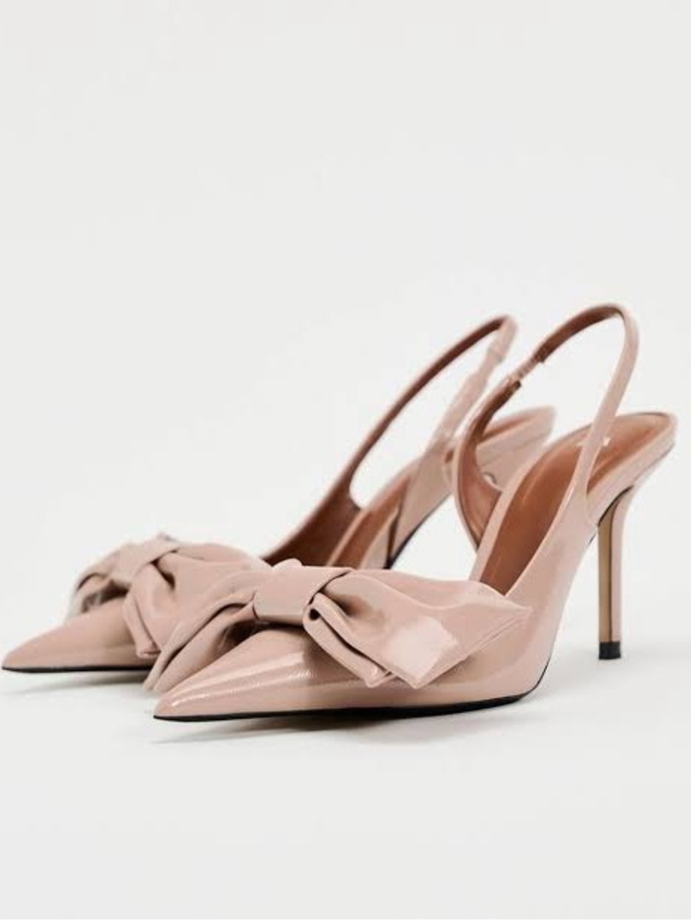 Zara Patent Pointed-Toe Slingback Pumps with Bow - Beige